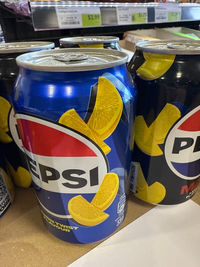The image shows two cans of Pepsi Lemon Twist on a shelf, presumably in a store. The cans are blue and feature lemon illustrations. The shelf also contains a price tag reading "$2.99." The location is presumed to be in Darien, United States of America.