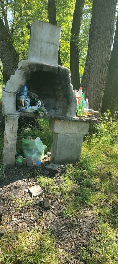 The image displays an outdoor scene, likely a recreational or picnic area in Domlyan, Bulgaria, featuring a concrete barbecue structure. The photograph is oriented vertically, but appears to have been taken horizontally and then rotated, causing large tree trunks to extend across the frame.
The central subject is a robust, grey concrete barbecue or outdoor fireplace, comprising a main firebox and a smaller, adjacent concrete counter. Both the firebox and the immediate surroundings are heavily littered. Inside the firebox, there's a substantial accumulation of empty aluminum beverage cans, with "Zagorka" beer cans identifiable, along with various plastic water bottles and plastic bags.
The concrete side counter to the right also holds discarded items: several empty plastic bottles of different sizes and colors, including a clear glass wine bottle and a green plastic bottle with a partially visible "Coca-Cola" logo. On the ground next to the structure, more plastic bottles, one with a red cap (Coca-Cola) and another with a blue cap, are visible beside a bulging green plastic bag full of trash.
The ground around the barbecue is a mixture of green grass, patches of dark soil, small rocks, and scattered debris, including ash or charcoal from previous fires. Large trees with lush green foliage are prominent in the background, suggesting a natural or wooded setting.
The bright sunlight and clear shadows indicate a sunny day, likely during the morning or late afternoon. No people are present in the image. The pervasive litter suggests recent human activity and a clear absence of responsible waste disposal, portraying a scene of environmental neglect.