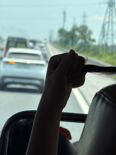 A hand is clutching a tuft of black hair inside a moving vehicle. The window shows a blurred cityscape with vehicles. While it's hard to pinpoint the exact location as Hải Phòng, Vietnam without additional information, the presence of vans and the general landscape suggest an urban setting. The photo seems to have been taken from the back seat of a vehicle, with a headrest visible in the top right.