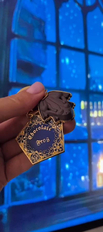 A person's hand with a pink fingernail is holding a gold and blue enamel pin shaped like a chocolate frog. The pin has the words "Chocolate Frog" written in gold script on a dark blue background, surrounded by an ornate gold border. In the background, out of focus, is a blue, window-like pattern with hints of yellow light. There is no identifiable location in Villeneuve-le-Roi, France.