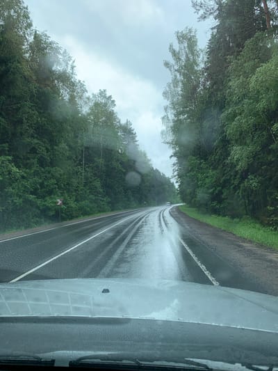The image depicts a wet, paved road with a white line marking its center, viewed from the perspective of a vehicle's dashboard. The road curves to the left, bordered by dense green trees on both sides, with a cloudy sky overhead. Raindrops are visible on the windshield, and the road surface is glistening with water, indicating recent or ongoing precipitation. A red and white directional sign is visible on the left side of the road. A distant car is seen on the road ahead. The scene appears to be a rural or forested area in the Сваткаўскі сельскі Савет, Belarus, given the natural landscape and the type of road.