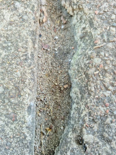 The image is a close-up, overhead shot of a textured concrete surface. The surface appears to be a sidewalk or a similar outdoor paved area. The concrete is rough and composed of small pebbles and aggregate, with some areas showing discoloration and weathering. There is a noticeable crack or seam running horizontally across the middle of the image, filled with fine sand and small debris, including bits of straw or dry grass. The upper and lower portions of the image show slightly different textures and densities of the aggregate in the concrete. The lighting suggests it is daytime, with natural light illuminating the scene. There are no people or specific objects of interest visible, only the surface itself. The overall impression is one of an ordinary, weathered urban or suburban environment. The location context is Švenčionys, Lithuania.