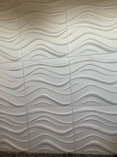This media file is a close-up, eye-level shot of a wall covered in white, three-dimensional tiles. The tiles feature a wavy, undulating pattern that creates a dynamic visual effect, resembling flowing water or sculpted forms. The lighting highlights the raised and recessed areas of the tiles, casting subtle shadows and giving the surface a sense of depth and texture.
The overall scene is an interior setting, likely a room or hallway, with the patterned tiles serving as a decorative wall covering. There are no people or distinct objects in the frame, focusing solely on the architectural detail of the wall. The image is well-lit, suggesting it was taken during daytime with artificial lighting or in a bright, naturally lit environment. The surface appears clean and modern.
The right edge of the image shows a narrow section of a contrasting texture, possibly stone or darker tiles, which borders the white wave-patterned tiles. This border provides a subtle frame to the main subject. No text is visible in the image. The focus is on the abstract, textural qualities of the wall.