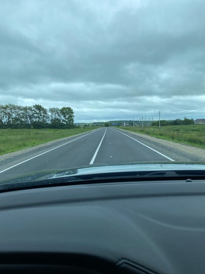 A driver's perspective shot captures a cloudy day on a two-lane asphalt road. The road has clear white lane markings and shoulders lined with gravel and grass. To the left, a line of trees runs along the edge of the road, beyond which lies a grassy field. To the right, power lines stretch across the landscape, with a few houses visible in the distance. The foreground shows the dashboard and windshield of a vehicle. The scene is set in Kliuchiki, Russia.