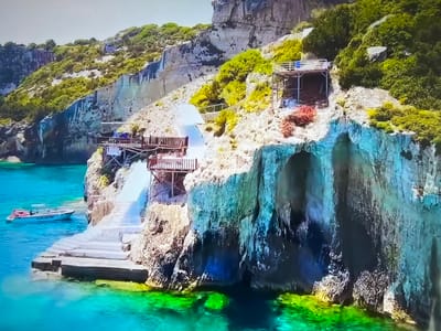 The image presents a coastal scene featuring rocky cliffs and a turquoise sea. Situated along the cliffs are several structures, including wooden platforms and staircases leading down to the water. A small boat, labeled "Glass Bottom," is visible in the water near a platform. The cliffs are covered in vegetation. The water displays varying shades of green near the shore, transitioning to deeper blue hues further out. The presence of man-made structures and a boat suggests recreational or tourist activity in a naturally picturesque location. I am unable to identify the precise location in Basingstoke and Deane, United Kingdom.