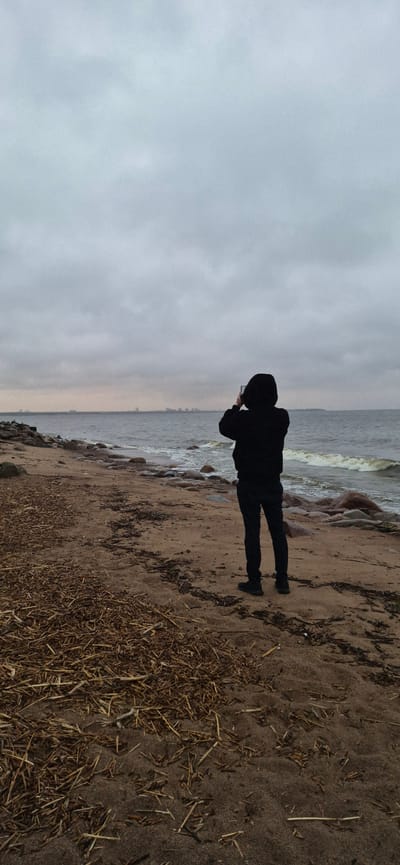 The image depicts a lone individual, silhouetted against a cloudy sky and the sea, standing on a sandy beach in Repino, Russia. The person is wearing a dark hooded jacket and pants, with their back to the camera, holding a mobile phone up as if taking a photograph. The beach is strewn with dried reeds and scattered rocks of various sizes, with the sea presenting a choppy surface and moderate waves lapping at the shore. In the distance, a hazy silhouette of buildings or structures can be observed along the horizon, suggesting a coastal urban or semi-urban setting. The overall atmosphere is somber and overcast, consistent with cool weather.