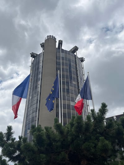 The image shows the exterior of a modern, glass-faced building with a distinctive curved, ribbed section at the top. The building is adorned with multiple flags, including the French flag and the European Union flag, fluttering in the wind. A large evergreen tree partially obscures the right side of the building. The sky is overcast and appears to be a cloudy day. The camera angle is low, looking up at the building and flags. The scene appears to be outdoors, likely in an urban or semi-urban setting, given the presence of the building and flags. No people are visible in the image, and no text is discernible. The overall impression is one of a formal or official setting, possibly a government building or a corporate headquarters in Créteil, France, given the provided location context.