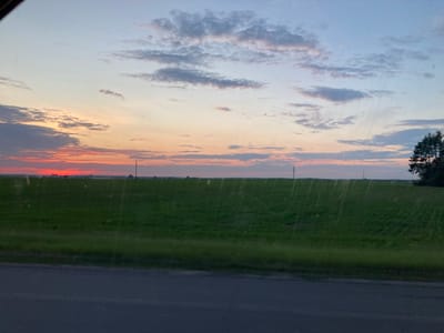 A wide shot captures a rural landscape at dusk, with a vibrant sunset painting the sky in hues of orange, pink, and pale blue. Wispy clouds are scattered across the upper portion of the frame. In the foreground, a dark asphalt road runs horizontally across the bottom. Behind the road, a vast, green field stretches towards the horizon, its surface illuminated by the fading sunlight. A few dark specks, possibly trees or structures, are visible in the distance on the left side of the field. A solitary utility pole stands upright in the middle ground of the field, and another is visible on the right side, closer to a cluster of dark green trees. The scene appears to be located in the vicinity of Заямнаўскі сельскі Савет, Belarus.
