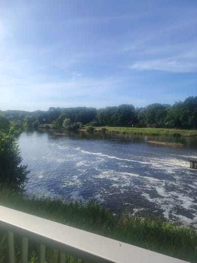 This media file captures a serene natural landscape on a clear day, likely in the morning or early afternoon given the bright sunlight and clear blue sky with scattered wispy clouds. The scene is dominated by a wide, calm river, with foamy white water suggesting a gentle rapid or a small waterfall in the foreground on the right. The riverbanks are lined with lush green trees and vegetation, creating a dense forest that stretches into the background. 

On the far bank, there is a grassy area with a few scattered trees and a small, rustic wooden structure that appears to be a shelter or gazebo. A few indistinct figures can be seen in this area, suggesting a park or recreational space. The presence of a white railing in the immediate foreground indicates that the photo was taken from an elevated vantage point, possibly a bridge or a viewing platform overlooking the river.

The overall mood is peaceful and tranquil, highlighting the beauty of nature. The location is specified as Emsbüren, Germany, which provides geographical context. There is no visible text within the image itself.