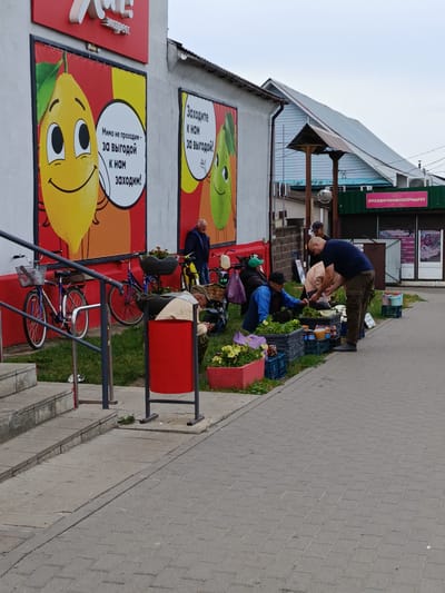 In the city of Smelyavichi, Belarus, outside a store with banners depicting cartoon lemons, a group of people are engaged in commerce. The banners, one featuring a yellow lemon and another a green lemon, are advertising a sale. A man in a dark blue shirt and khaki pants is interacting with a stall selling produce. He is leaning over a crate of vegetables and holding a plastic bag. Nearby, another person in a blue jacket and black cap is also attending to the produce. A person in a beige jacket and a hat is seated and appears to be part of the selling group. Several bicycles are parked near the building, including one with a basket and another with a planter. A red trash can stands on the sidewalk. The ground is paved with interlocking bricks, and there are areas of grass and flower planters. The sky is overcast.