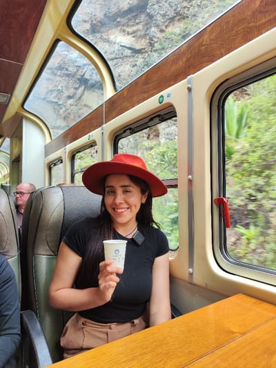A smiling woman wearing a red hat and black shirt holds a white cup on a train. She sits by a window, which displays a rocky landscape outside. The train car features large windows offering views of the passing scenery. Wood paneling and leather seating create a comfortable and stylish interior. Another passenger can be seen in the background. A wooden table is visible in front of her.