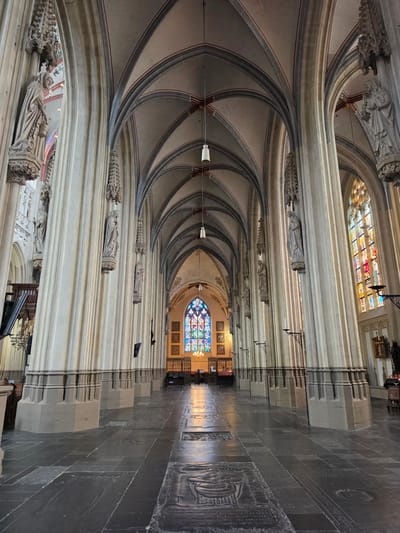 The image depicts the interior of St. John's Cathedral (Sint-Janskathedraal) in 's-Hertogenbosch, Netherlands. The perspective is from the nave, looking towards the choir. The architecture is Gothic, characterized by high, ribbed vaults, tall fluted columns, and pointed arches. Statues of religious figures are affixed to the columns. Stained-glass windows, including a large rose window in the distance, illuminate the space with colorful light. The floor is paved with dark stone tiles, with some large, flat stone slabs that appear to be gravestones or commemorative markers. The overall impression is one of grandeur and historical significance. No people are clearly visible in the frame, and no specific actions or interactions are depicted.