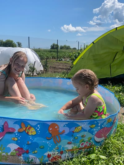 In the village of Peshnevo, Russia, two young girls are enjoying a sunny day by playing in an inflatable kiddie pool filled with water. The older girl, on the left, is sitting with her legs extended, splashing water and smiling at the camera. She has blonde hair and is wearing a light-colored swimsuit. The younger girl, on the right, is also sitting in the pool, facing away from the camera, and appears to be playing with the water. She has dark, curly hair and is wearing a brightly colored swimsuit with an avocado print.
The kiddie pool has a blue rim decorated with colorful marine life, including fish, an octopus, a whale, and a crab. The pool is surrounded by lush green grass and other vegetation. In the background, a white greenhouse structure and a green tent are visible, along with a chain-link fence and trees. The sky is a clear blue with a few fluffy white clouds. The overall scene depicts a relaxed and joyful summer activity in an outdoor setting.