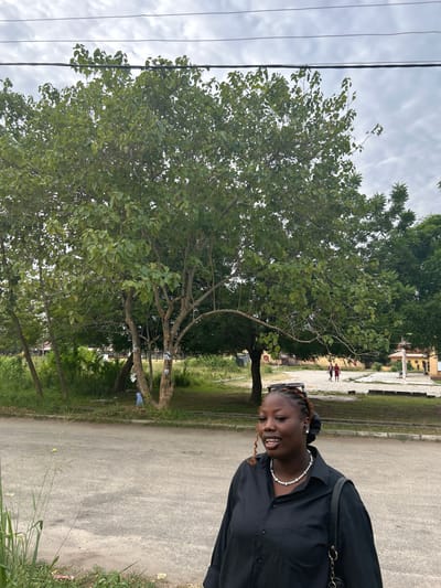 A young adult female is positioned in the foreground, right of center, in an outdoor setting in Ijanikin, Nigeria. She has dark skin, braided hair with visible reddish-brown strands, and is smiling with an open mouth, exposing her teeth. She wears a black collared shirt, a white beaded necklace, and a black shoulder bag. Sunglasses are perched on her head, and a white earbud is visible in her right ear.
The background consists of a grey paved surface, likely a road, extending into the midground. Green grass and weeds line the edges of the pavement. A cluster of large trees with dense green foliage dominates the midground, their trunks exhibiting white plastic or fabric attachments. In the distant midground, two indistinct human figures are walking on a lighter paved area. Light-colored buildings with a reddish roof are partially visible in the far background, obscured by foliage. Multiple black utility wires stretch horizontally across the top of the frame, against an overcast sky with scattered white and grey clouds.