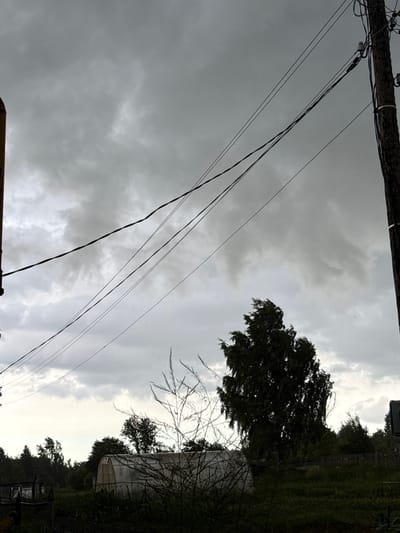 The image captures a cloudy sky with a power line in the foreground. The sky is overcast, suggesting a dull or stormy day, possibly late afternoon or early morning. The power line runs diagonally across the frame, held up by a wooden pole with insulators. In the background, there are trees and what appears to be a white structure, possibly a greenhouse or a storage unit. The overall scene suggests an outdoor setting, likely rural, given the presence of the power line and vegetation. The lighting is dim and diffused due to the cloudy conditions. There are no people visible in the image. The location is identified as Дресвяново, Russia.