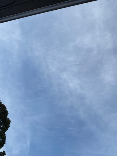 A wide shot captures a cloudy sky with a prominent dark structure on the left, possibly a roof or overhang, extending into the frame from the edge. The sky is filled with wispy, thin clouds that appear delicate and spread out, creating a textured ceiling. The color of the sky transitions from a lighter shade near the top to a more muted blue-gray towards the bottom, suggesting it's either early morning or late afternoon.

In the lower right corner, the dark green foliage of trees peeks into the frame, their tops silhouetted against the sky. The scene appears to be outdoors, with the angle of the shot suggesting it was taken looking upwards from a ground-level perspective. There are no people or specific objects other than the natural elements of the sky and trees, and the artificial element of the dark structure.

The weather appears overcast or partly cloudy, with the thin clouds not obscuring the sky entirely but lending it a diffused light. The overall mood is serene and perhaps a bit subdued due to the cloud cover. No text is visible in the image. The location context suggests this scene is in Riverhead, USA, but this is not visually evident from the image itself.