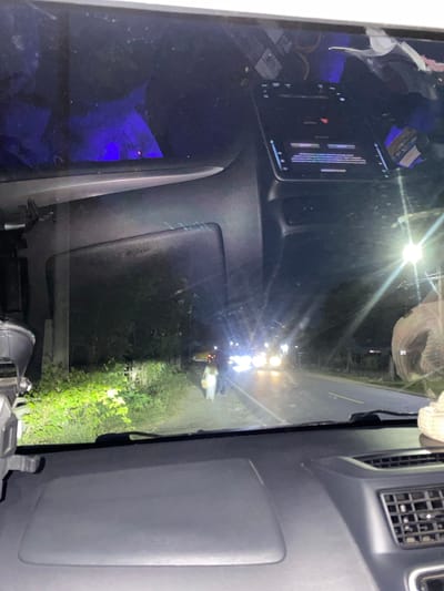 The image, taken at night from inside a vehicle, depicts a scene on a road with several vehicles and people. The interior of the vehicle shows a dashboard with a large screen displaying text, possibly navigation or media information. To the left, a blue light illuminates a portion of the interior.
Outside, the road is lit by the headlights of multiple vehicles. Some individuals appear to be standing or walking near these vehicles. The environment suggests a rural or suburban setting with vegetation visible on the sides of the road. The overall lighting indicates it is nighttime, with artificial lights from the vehicles creating strong reflections and highlights. The scene appears to be in Meunasahlhok, Indonesia. No specific weather conditions are apparent, but the darkness points to a clear night. There are no clear emotional cues from the people or the scene, as the image is taken from a distance and at night.