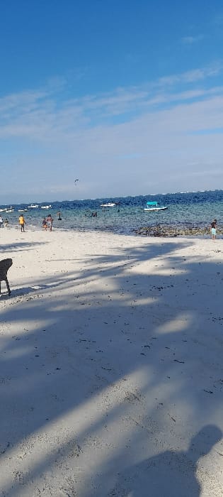 The image depicts a daytime coastal scene at Ziwa La Ng'ombe ward, Kenya. The foreground consists of white sand beach, heavily patterned by distinct, elongated dark shadows cast by unseen overhead foliage, likely palm trees, extending from left to right. A dark-colored object, possibly a chair arm, is visible in the lower-left corner. A faint human shadow, consistent with that of a photographer, is partially visible in the lower-right.
In the midground, approximately 8-10 individuals are present on the beach and wading in the shallow ocean water. One person wearing a yellow shirt is visible on the left, near the water's edge. Another individual in light-colored shorts is seen on the far right, partially submerged in the water. Areas of dark-colored marine vegetation are visible beneath the water's surface in the midground.
The background features the open ocean under a clear blue sky with sparse white clouds. Multiple small boats, at least seven, are visible on the water; one prominent boat with a light blue canopy is positioned towards the right of the frame. The horizon line where the sky meets the ocean is visible. The overall scene suggests a bright, sunny day at a populated beach.