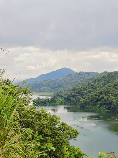 A serene, overcast view captures a body of water bordered by lush, verdant hills and mountains in Rupakot, Nepal. In the foreground, vibrant green grass and foliage dominate the left side of the frame, creating a natural border. Beyond this, a calm lake stretches into the distance, reflecting the muted sky and the surrounding trees. The water exhibits a subtle shimmer, and scattered across its surface are what appear to be small, floating structures or rafts, possibly for aquaculture or fishing.
The middle ground features densely forested hillsides, their slopes covered in a thick carpet of trees that transition into a deeper green. These hills rise gradually, forming undulating contours that lead the eye towards the horizon. In the background, larger mountains loom, their peaks softened by the cloudy atmosphere and appearing as hazy, bluish silhouettes. The sky is a mosaic of soft grey and white clouds, with hints of brighter sky peeking through, suggesting a tranquil, possibly humid, day. The overall impression is one of natural beauty and peaceful seclusion.