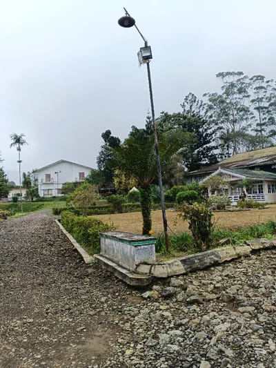The image displays an outdoor scene in Bien Hoa, Vietnam, under a uniformly overcast sky. A wide, unpaved path composed of gravel and dirt extends from the left foreground into the mid-distance. In the right foreground, a weathered rectangular concrete planter, with a light green base and grey top, abuts a broken concrete curb painted with black and white stripes.
A tall, dark utility pole stands centrally, featuring a curved arm with a downward-facing light fixture and a rectangular floodlight attached below. To the pole's left, a small palm tree is visible. The midground primarily consists of a lawn with yellowish-green, dry grass, interspersed with various bushes and smaller trees.
Two buildings are discernible in the mid-background: a multi-story white building with brown window shutters is positioned to the left, further down the gravel path. To the right, another building with a distinctive green roof, ornate white trim along the eaves, and white walls with multiple windows is partially visible. The background is characterized by dense tree foliage, including several tall, slender trees, extending upwards towards the grey sky. No individuals or vehicles are present.