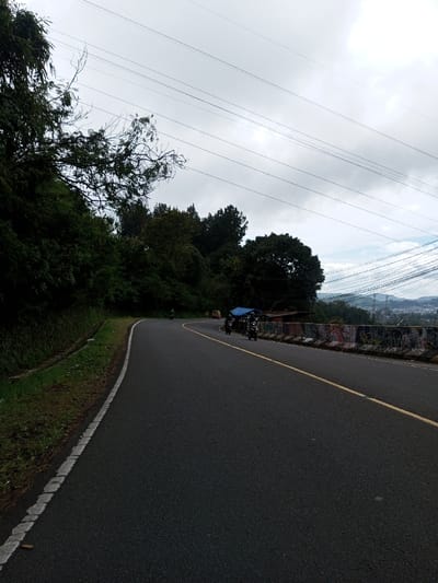 The image displays a curving asphalt road within a hilly, forested landscape in Phoxay, Laos, under an overcast sky. The dark gray road is marked with a solid white line along its left edge and a solid yellow line indicating the center. To the left, a steep, heavily vegetated embankment is visible, supported at its base by a stone retaining wall and a concrete drainage ditch. To the right, a concrete barrier, adorned with extensive multi-colored graffiti, separates the road from a panoramic view of a distant valley containing urban structures and further hills. A small, makeshift structure with a blue tarp roof stands behind this barrier in the mid-ground. Four motorcycles are present on the road: one is in the distance on the curve, and three others are closer, two of which are positioned near the roadside structure. Riders are discernible on the motorcycles. Numerous horizontal power lines stretch across the sky in the upper frame.