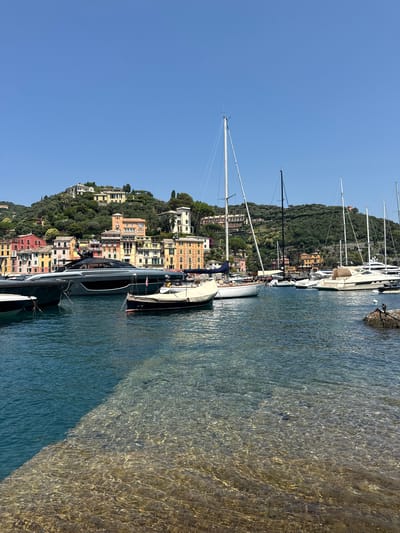 The image depicts a view of the harbor in Portofino, Italy, on a clear, sunny day. The water is a vibrant blue, with the seabed visible in some areas due to its clarity and shallow depth near the shore. A stone jetty or breakwater, partially submerged, occupies the foreground.
The harbor is filled with various boats, including several sailboats with tall masts, a sleek, dark-colored motor yacht, and smaller dinghies. These vessels are moored and gently bobbing on the water.
Behind the harbor, the picturesque waterfront of Portofino rises up a hillside. The buildings are a characteristic palette of pastel colors, including yellow, pink, orange, and red, with terracotta roofs. They are nestled amongst lush green trees and vegetation that covers the slopes. The architecture suggests a Mediterranean style, with multiple stories and windows. The sky above is a clear, bright blue, indicating fair weather. The overall scene conveys a sense of a peaceful, upscale Mediterranean coastal town.