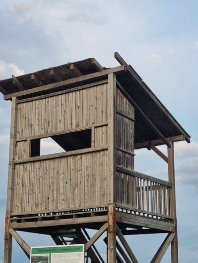 The image captures an upward view of a wooden observation tower, likely situated in or near the city of Aldomirovtsi, Bulgaria, based on the signage visible in the lower right corner which mentions "Защитена местност „Алдомировско блато"", which translates to "Protected area 'Aldomirovsko blato'". The tower features a multi-tiered construction with a sloped roof. The wooden planks exhibit signs of weathering and aging. The tower's structure includes visible support beams and a ladder-like section with horizontal rungs. The sky provides a backdrop, with a mix of blue and cloudy patches. The sign is green with white text and includes a map.