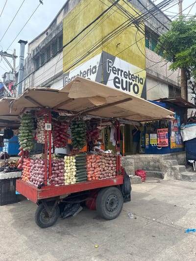 A street-level, eye-level, medium shot captures a bustling outdoor market scene in Perímetro Urbano Barranquilla, Colombia. In the foreground, a vibrant red vegetable cart is laden with produce, including a large assortment of red onions, yellow onions, carrots, and cucumbers, neatly packaged in plastic. Bunches of garlic and what appear to be green peppers hang from the cart's canopy. The cart itself is a functional, somewhat weathered wooden structure with two visible wheels. Behind the cart, the facade of a building displays prominent signage for "Ferreteria euro". The building has a distinctive yellow upper section and a concrete lower section with stone steps leading up to a blue-painted storefront. Various posters advertising services are affixed to the storefront. Several people are visible in the background; one individual, wearing a blue shirt and pants, stands near the storefront, possibly an employee. Another person, wearing a white hat, is partially visible behind the vegetable cart. The environment is characterized by a concrete street, overhead electrical wires, and a tree on the right side of the frame. The sky is overcast. Scattered on the ground are a few pieces of litter, including a plastic bottle and a blue plastic bag.
