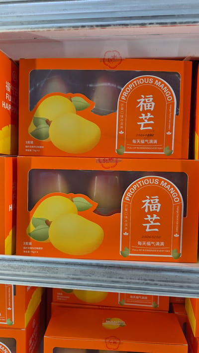 The image shows a close-up of several orange boxes of mango-flavored ice cream displayed in a retail setting, likely a grocery store freezer section. The boxes are stacked on shelves. Each box features an illustration of ripe mangoes and text in both English and Chinese. The English text includes "PROPITIOUS MANGO" and "FULL OF BLESSINGS EVERY DAY." The Chinese text includes "福芒" (Fú máng) which translates to propitious mango, and "每天福气满满" (Měitiān fúqì mǎnmǎn) which translates to full of blessings every day. Some boxes indicate "3支装" (3 zhī zhuāng), meaning a pack of 3, and a net weight of "75g×3". The setting appears to be indoors, with the cold and metallic sheen of freezer shelves visible. The image is taken from a slightly elevated angle, looking down at the products. There are no people visible in the image. The background is out of focus, but suggests the interior of a commercial establishment. Without further information or context provided in the image, the specific location within Rancho Cordova, United States of America cannot be determined.
