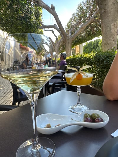 Here is a description of the image:
The image shows a table setting at a restaurant or café, likely located outdoors, featuring drinks and appetizers. In the foreground is a large wine glass filled with a light-colored liquid, possibly white wine. Next to it is a cocktail in a coupe glass, garnished with a physalis fruit. A small, white, elongated dish contains several olives. The table is dark and smooth. The background includes trees, greenery, and glimpses of a street scene reflected in the wine glass, with pedestrians and outdoor seating visible. A person wearing a purple shirt can be seen. Based on information available, this scene is likely located in Rojales, Spain.