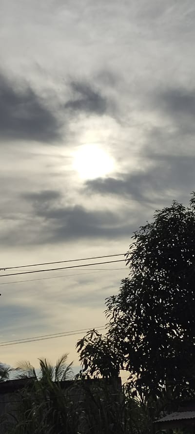 The image captures a cloudy sky with the sun shining brightly through the clouds. There are power lines running horizontally across the frame. In the foreground, the silhouette of a large tree with dark leaves is visible on the right side. Below the tree, there are glimpses of palm fronds and other vegetation, as well as what appears to be a roofline of a building. The scene suggests an outdoor environment, possibly in a residential or semi-urban area, given the presence of power lines and the building. The overall lighting is diffused by the clouds, creating a soft glow around the sun.