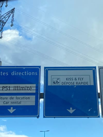 This image depicts a daytime outdoor scene in Meyrin, Switzerland, focusing on two blue overhead road signs against a cloudy sky. The upper left quadrant shows a portion of a metal lattice power pylon and multiple parallel power lines stretching horizontally across the frame.

The central subjects are two large, rectangular blue road signs, mounted side-by-side on a horizontal metal support beam.
The left sign, partially visible on its left edge, displays white text. Its upper visible line reads "tes directions". Below this, "P51 illimité" is displayed. The bottom section shows "Voiture de location" and "Car rental" with a white downward arrow.
The right sign is fully visible and also blue with a white border. Its upper half contains a smaller white rectangular panel with a green inner border. Inside this panel are two white pictograms: a car with a person and luggage, and an airplane. Text reads "KISS & FLY" and "DÉPOSE RAPIDE" (Rapid Drop-off). The lower half of this sign is plain blue with a white downward arrow indicating direction.

The sky is a mix of blue and white, with scattered cumulus clouds. A thin, dark street light pole is partially visible at the very bottom center of the frame, extending upwards from below the signs. No people or vehicles are directly visible in the frame, but the signs imply vehicular traffic.