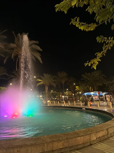 The image captures a night scene in Sant Antoni de Portmany, Spain, featuring a fountain with illuminated water. The fountain jets water upwards, creating a spray that is lit with a vibrant rainbow of colors, including pink, purple, green, and blue. This light show reflects on the water's surface, adding to the dynamic visual. The fountain appears to be part of a larger water feature, possibly a pool or a decorative pond, with a stone border visible on the right side.

In the background, palm trees are silhouetted against the dark night sky. Some are illuminated by the fountain's light, while others are darker. Behind the palm trees, there is a strip of buildings or structures with lights on, suggesting a commercial or entertainment area, possibly a promenade or a street lined with establishments. Various streetlights and signs are visible, contributing to the urban nighttime ambiance. A hint of foliage from a tree is present in the upper left corner, bathed in a yellowish light. The overall mood is one of lively evening entertainment and relaxation. The time of day is clearly night, and the weather appears calm, with the water from the fountain creating visible mist. There is no discernible text in the image.