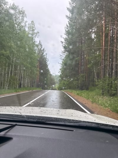 A wet asphalt road stretches through a forest. The road is bordered by white lines and flanked by tall trees, including birches on the left and pines on the right. The sky is overcast, and there are visible raindrops on the windshield from which the photo is taken. The view is from inside a vehicle, with the dashboard visible in the foreground. The scene appears to be on a rural road near Savvateevka, Russia, likely during or after rainfall.