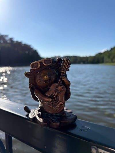This is a close-up, horizontally oriented photograph of a small bronze figurine of a gnome playing a guitar. The figurine is attached to a dark metal railing. The gnome has a round face with large, round ears and is wearing what appear to be goggles. It is holding a miniature guitar, which has a star shape cut out of its body. Text is visible on the guitar's body, appearing to read "BABWE".
The background of the image is out of focus. To the left, a bright blue sky dominates the scene, suggesting it is daytime with clear weather. To the right of the sky, and further in the background, is a body of water, likely a lake or river, with ripples visible on its surface. Trees are visible in the upper left and right portions of the background, indicating a natural setting. The lighting suggests it is either early morning or late afternoon, given the angle of the sun and the long shadows cast. The bokeh effect from the water's surface creates circular highlights. The scene is set in Svetlogorsk, Russia.