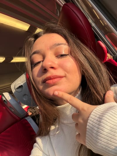 A female subject is depicted in a close-up, chest-up shot within what appears to be a passenger compartment of a train or bus, located in Lampertheim, France. She has fair skin, brown eyes, and long brown hair, and is wearing a white ribbed turtleneck sweater. Her gaze is directed at the camera, and a slight smile is present. Her right index finger is extended and placed against her chin. Strong natural light, consistent with sunlight, illuminates her face and hair from the right side of the frame, creating highlights and shadows. In the background, dark red upholstered seats with gray plastic components are visible. A window is present on the right, through which indistinct exterior reflections are visible. The top of another individual's head, with dark hair, is partially visible in the lower-left background, obscured by the seat structure.