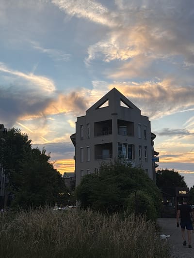 The image depicts an urban twilight scene in Cukarica Urban Municipality, Serbia. The upper two-thirds of the frame features a sky transitioning from light blue to a warm palette of orange, yellow, and pink, illuminated by a setting sun. Scattered clouds are visible, and two distinct airplane contrails form an 'X' pattern in the mid-left sky. In the center-left, a modern, multi-story building with a gray facade stands prominently. It features a distinctive triangular peak at its roofline with an open triangular void below it. The building has multiple windows and balconies. On a lower floor, a window displays graphic images of teeth, indicating a dental practice. To the right of this building, another structure displays a partial sign reading "OMATOLOG," consistent with a "STOMATOLOG" (dentist) sign. Further right, a dark commercial building features illuminated text "EN GMA" (likely "ENIGMA"). The midground contains dense, dark green trees and bushes, particularly on the left. The immediate foreground is filled with dry, tall, light brown grasses. On the right side of the frame, a man in a dark t-shirt and shorts walks away from the viewer, holding a leash. A small, white dog is visible near his feet, slightly ahead of him. The scene is characterized by the warm, golden light of the setting sun, creating contrasts between illuminated clouds and shadowed foreground elements.
