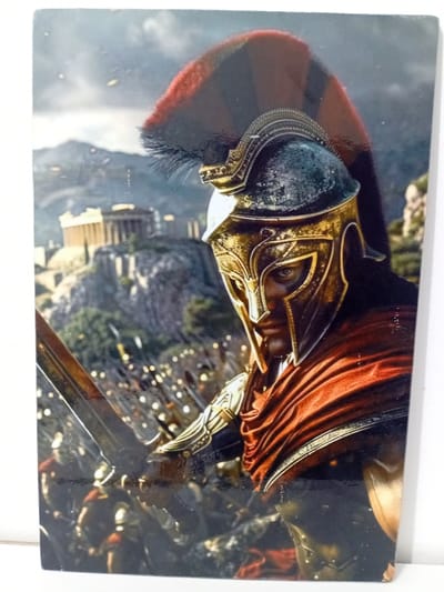 The image is a glossy, rectangular depiction of a warrior in ancient Greek armor, featuring a gold helmet with a red plume and a red cape. The warrior is shown from the chest up, with a serious expression, looking slightly to the left. Behind the warrior, a battle scene unfolds with many other soldiers in armor, their spears visible. In the background, a city resembling ancient Athens, with a prominent acropolis, is perched on a rocky hill under a cloudy sky. There are no discernible features that would place this scene in Douala V, Cameroon. The image appears to be a still or artwork related to historical or fantasy battle scenes, possibly from a movie or video game.