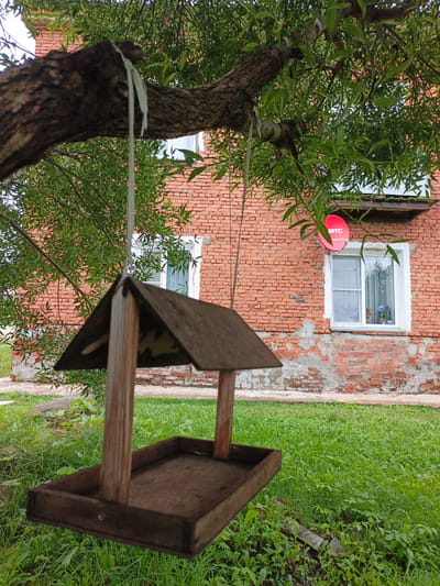 In Medvedyovka, Russia, a wooden bird feeder hangs from a tree branch, its dark roof and tray weathered from use. The feeder is positioned in the foreground, out of focus, allowing the background to be the primary subject. Behind the feeder, a red brick house stands, its facade showing signs of age with peeling plaster. Two windows are visible on the house; the left window has sheer white curtains, while the right window has a light-colored curtain and a mosquito screen. Above the right window, a red satellite dish with the "MTC" logo is mounted on the brick wall. The yard is covered in lush green grass, with some patches of dirt and scattered leaves. The overall scene suggests a rural or suburban setting in Russia.