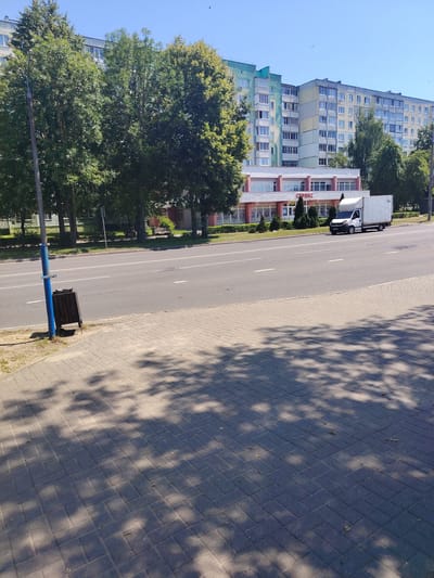 The image shows a street scene in Salihorsk, Belarus. In the foreground, a paved sidewalk with a herringbone pattern is visible, with shadows of trees cast across it. A blue utility pole with a dark trash receptacle next to its base stands on the edge of the sidewalk. A multi-lane asphalt road occupies the midground, with white lane markings. Across the road, a modern, multi-story residential building with light-colored facades and numerous balconies is visible. In front of the building, a single-story commercial structure with a light pink and white facade features large windows and signage that reads "СЕРВИС" (Service). A white box truck is parked in front of the commercial building, with its cargo area facing the road. Several trees with lush green foliage are interspersed between the buildings and along the street. The sky is clear and blue.