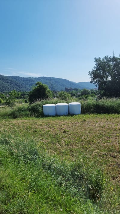 Three large, white cylindrical hay bales are arranged in a row on a grassy field. The field is surrounded by lush green vegetation and trees. In the background, rolling hills covered in dense forest stretch across the horizon under a clear blue sky. A large, stone building complex with a tower, possibly a historical structure or castle, is visible on one of the hills. The scene appears to be a rural landscape in the municipality of Sant Joan les Fonts, Spain. The lighting suggests it is daytime, likely mid-morning or afternoon. There are no people or animals visible in the frame.