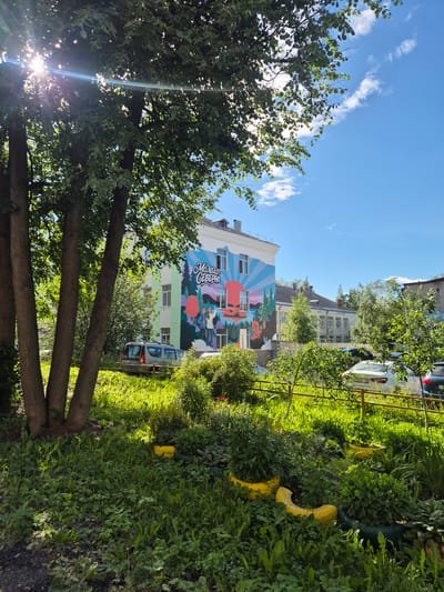 The image depicts a sunny day in Petrozavodsk, Russia, with vibrant greenery and a mural adorning a building. In the foreground, lush grass and various plants fill the scene, with several old car tires painted yellow and green serving as planters. Three tree trunks stand prominently on the left, their leaves catching the sunlight filtering through. Beyond the greenery, a silver car is parked, and a yellow fence runs horizontally.

The main subject is a building with a large, colorful mural. The mural features a stylized landscape with mountains, trees, and a rising sun with rays. Text in Russian, "МОЛОДОСТЬ СЕВЕРА" (Youth of the North), is prominently displayed on the mural. Two figures, appearing to be young people, are depicted in the mural, one wearing a blue hoodie and the other a light-colored top. Adjacent to this building, other buildings are visible, some with light-colored facades and windows, suggesting a residential or institutional area. More trees and vegetation are present in the background, with a clear blue sky dotted with white clouds above. Several cars are parked in front of the buildings, including a white sedan with a license plate that reads "Н 167 ТК 10". The overall atmosphere is bright and inviting, suggesting a well-maintained urban space with artistic embellishments.