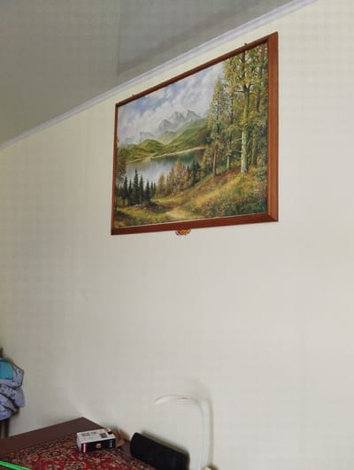 A framed landscape painting of a lake and forest is hanging on a cream-colored wall in a room. The painting depicts a serene scene with mountains in the background, a calm lake, and lush green trees. The room appears to be a living space, with a corner of a desk visible in the lower left, on which rests a black speaker, a white box with red lettering, and a white gooseneck lamp. A portion of a patterned rug is also visible on the floor. The overall impression is one of a cozy, domestic setting.