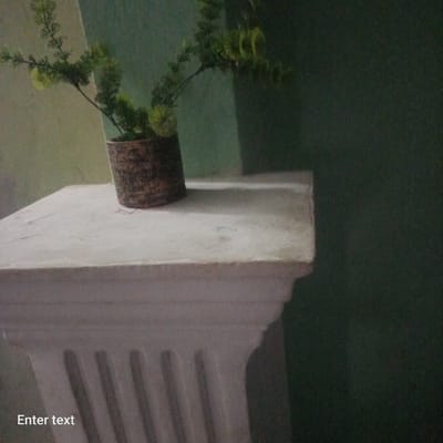 The image shows a potted plant with green foliage and yellow accents, placed on a light-colored, textured surface. The pot is cylindrical and appears to be made of a dark, rough material. The background is a solid, dark green color. In the bottom left corner of the image, the text "Enter text" is visible. The scene is indoors or in a covered area, with no visible elements suggesting a specific outdoor location in Azu, Nigeria. The lighting is dim, and the image has a grainy quality.