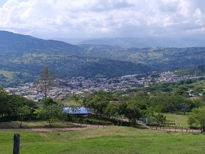 The image presents an elevated panoramic view of the city of Timaná, Colombia, situated within a valley surrounded by green, mountainous terrain under a partially cloudy sky. In the foreground, a vibrant green grassy slope occupies the lower third, with a weathered wooden post visible in the bottom-left corner. A dirt path curves horizontally across the mid-foreground. Several deciduous trees with green foliage are scattered across the mid-ground, including one tall, slender tree prominently positioned near the center. Partially obscured by trees to the left of the center is a structure with a distinct blue roof. To the right of the path, a wooden fence line with multiple posts extends into the mid-ground. The city itself unfolds across the middle and lower-middle sections of the image, characterized by a dense cluster of buildings with diverse roof colors, predominantly red and light tones. A notable light-colored structure, possibly a church tower, rises above the cityscape slightly to the right of the central tall tree. The background features successive layers of lush green hills and mountains, receding into a hazy distance under a sky with both blue patches and scattered white and gray clouds. No people or animals are visible, and no actions or interactions are depicted.