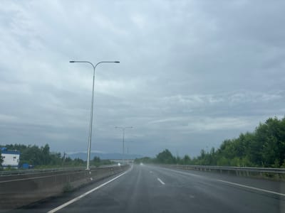 The image depicts a highway in Shekvetili, Georgia, under a cloudy and overcast sky, suggesting either rain or impending inclement weather. The wet asphalt surface of the multi-lane highway reflects the dull light, with visible spray from a vehicle ahead. Tall, modern streetlights with dual arms are prominently placed along the sides of the road. On the left, a concrete barrier separates the highway from the adjacent landscape, which includes trees and a building with blue accents and the word "ENERGY" visible on it. On the right, a metal guardrail lines the edge of the road, with dense green trees forming a backdrop. In the distance, mountains are faintly visible through the haze. The overall scene conveys a sense of travel and atmospheric conditions typical of a coastal region during a period of poor weather.