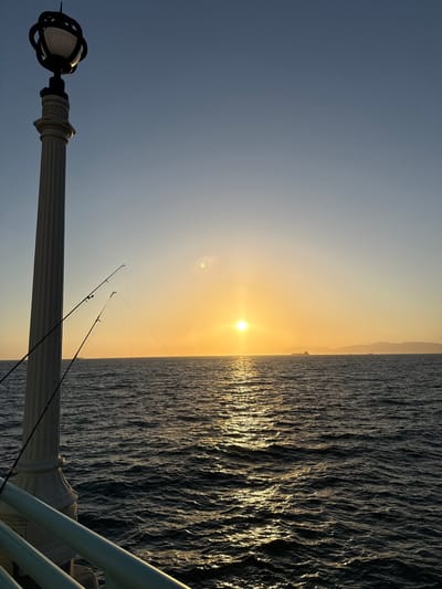A vertical shot captures a sunset over the ocean from a pier in Manhattan Beach, California. In the foreground, a decorative lamppost stands to the left, with two fishing rods leaning against it. The rods are casting lines out over the water. The ocean occupies the majority of the frame, with gentle waves reflecting the warm glow of the setting sun. The sun itself is a bright orb near the center of the horizon, casting a golden path across the water. In the distance, a hazy shoreline with mountains is visible, along with a few silhouetted ships. The sky transitions from a deep blue at the top to a warm orange near the horizon, indicating the golden hour.