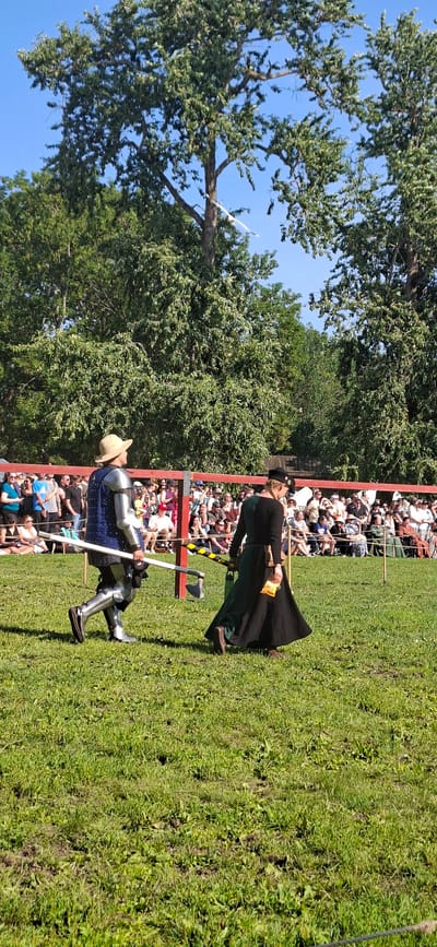 In Turku, Finland, a medieval reenactment event is underway on a sunny day. The scene depicts two individuals in period attire on a grassy field, with a crowd of spectators in the background.
The person on the left is dressed in full plate armor, including a helmet, gauntlets, and greaves. They are also wearing a straw hat over their armor. They are carrying a long wooden staff. This individual is walking to the left, facing away from the camera.
The person on the right is wearing a long, dark green and black dress with a matching head covering. They are carrying a small, yellowish pouch in their right hand. This individual is walking to the right, also facing away from the camera.
A red barrier runs across the background, separating the performance area from the audience. Spectators are seated and standing behind this barrier, watching the event. Trees with lush green foliage form a backdrop, and the sky is a clear blue.
The overall atmosphere suggests a historical reenactment or festival, likely in an outdoor public space in Turku.