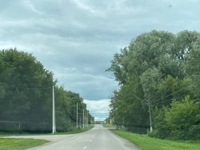 The image shows a two-lane paved road leading into the distance in the village of Nadezhdino, Russia. Dense green trees line both sides of the road. The sky is overcast with grey clouds. Several utility poles with wires are visible along the roadside. Road signs, including yellow circular signs with black symbols, are present. The road has white lane markings. The overall impression is a rural or semi-rural setting.