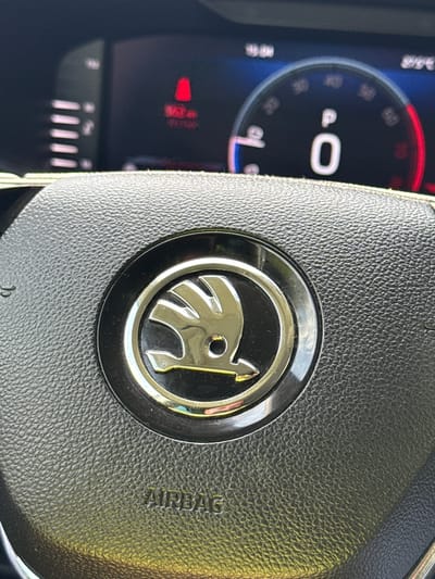 The image shows the steering wheel of a Skoda car. The car's logo is prominently displayed in the center of the steering wheel. "AIRBAG" is embossed on the right side of the steering wheel. The car's digital speedometer is visible in the background, displaying a speed of 0 km/h. The location of Kesarevo, Bulgaria, is not discernible from the visual data.